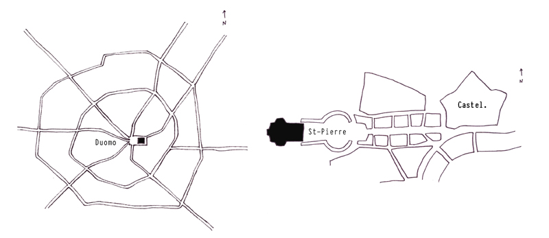 Plan de Milan avec son Duomo (à gauche) et plan de la percée mussolinienne à Rome (à droite)